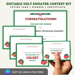 Bearbeitbare Ugly Sweater Contest-Wahlzettel, Canva-Vorlage, Ugly Sweater Award-Zertifikat, Wahlkarten-Signatur, Winter Office Party-Spiel