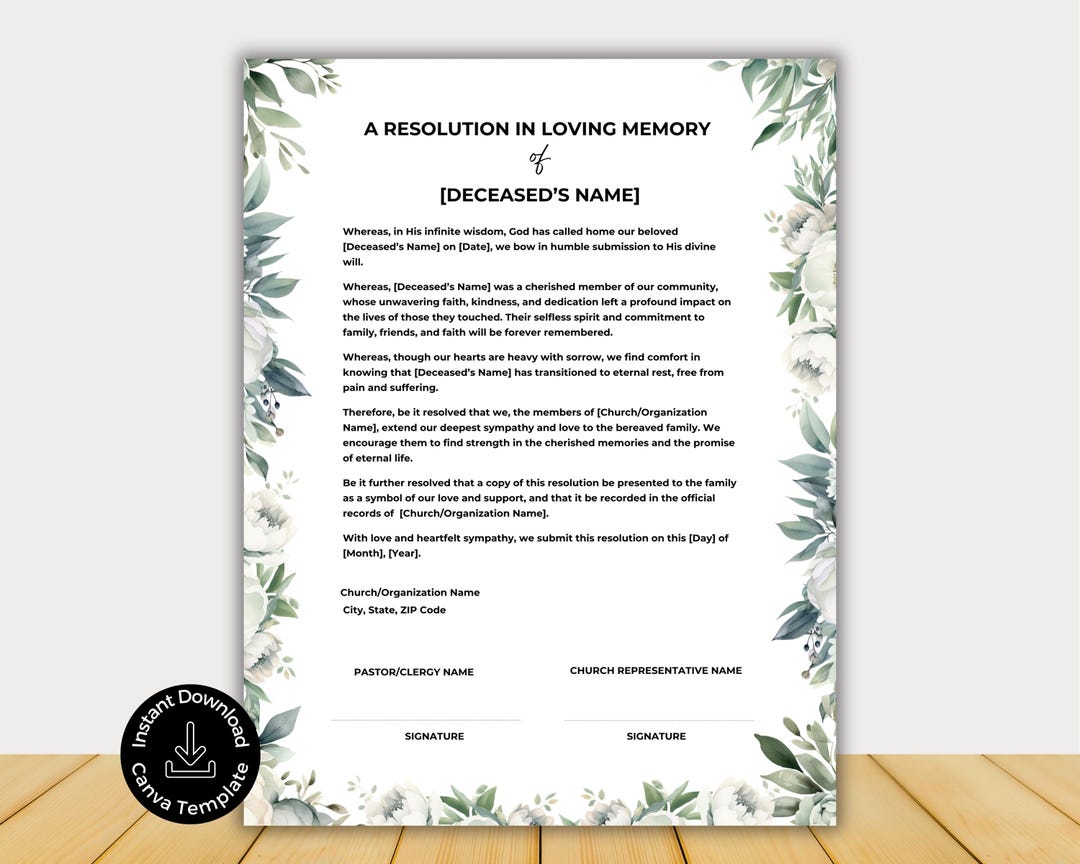 Funeral Resolution Template.pdf Funeral Resolution for a Pastor, Editable Canva Template, Memorial ...