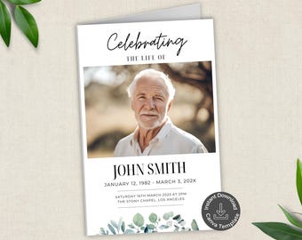 Plantilla editable de Canva para programa funerario, programa conmemorativo, celebración de la vida, programa de obituario de Greenery, orden de servicio en memoria amorosa