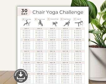 30 Day Chair Yoga Challenge, Quick Office Workout, Sitting Workout, Chair Exercises Guide, Seated Fitness Exercise, Desk Workout Printable