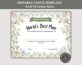 World's Best Mom Certificate Template, Spring Flowers Printable Mom Award, Mother's Day Gift, Unique Gift for Mom, Editable Canva Template