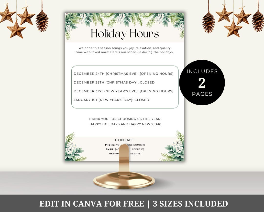 Editable Holiday Hours Sign, Christmas Hours, Business Hours, Winter