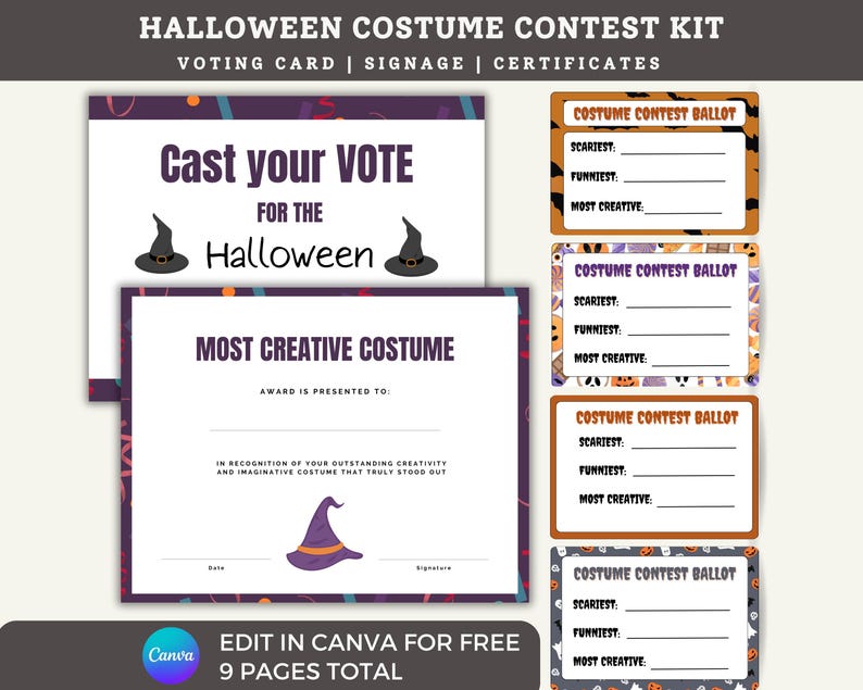 Editable Halloween Costume Contest Kit, Canva Template, Voting Cards