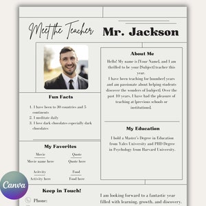 Plantilla editable para conocer al maestro, folleto de carta de recursos de Canva personalizable, introducción al maestro o maestra, boletín informativo de regreso a la escuela