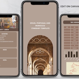 Modello mobile per itinerario di viaggio, modificabile su Canva, pianificatore con collegamento ipertestuale, pianificatore di viaggio modificabile digitale, itinerario di viaggio precostruito in Marocco
