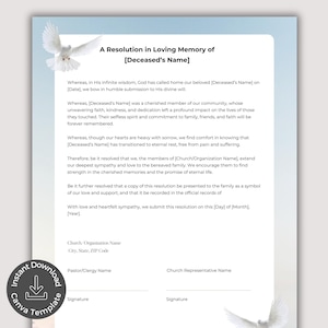 Resolución para un funeral de pastor, plantilla editable de Canva, apoyo para servicio conmemorativo, nota de condolencia, homenaje de honor y recuerdo de la iglesia