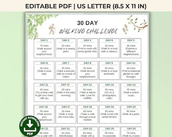 30-Day Walking Challenge, Printable Walking Planner, Daily Walking Plan, Step Tracker, 30 Day Exercise Challenge Walking Log, Editable PDF