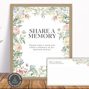 Plaque et cartes funéraires en souvenir, carte commémorative florale personnalisable, modèle modifiable sur toile souvenir de célébration de la vie, boîte à souvenirs
