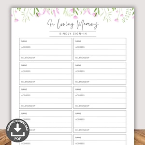 May include: A white sign-in sheet with the text "In Loving Memory" and "Kindly Sign-In" in elegant script. The sheet has multiple sections for names, addresses, and relationships, with floral accents at the top. A PDF download icon is in the lower left.