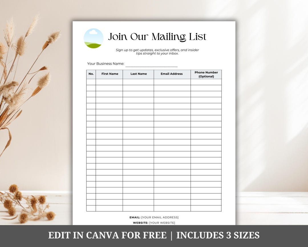 Email List Template, Editable Canva Email Sign up Sheet, Email ...