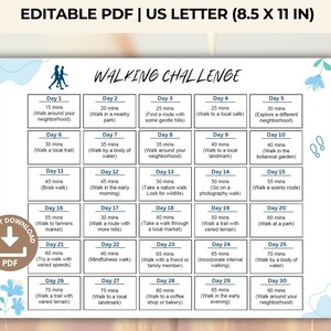 PDF modificabile della sfida di camminata di 30 giorni, pianificatore di camminata stampabile Piano di camminata giornaliero all&#39;aperto, contapassi Registro delle camminate della sfida di passi di 30 giorni