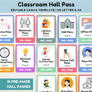 Custom Hall Pass Template, Teacher Hall Pass, Teacher Must Have, Bathroom Library Nurse Office Hall Passes, Canva Template, A4 & US Letter