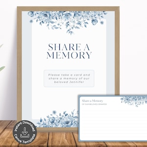 Share a Memory Funeral Sign and Card, Customizable Celebration of Life Keepsake Blue Floral, Editable Canva Template, Guest Book, Memory Box
