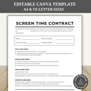 Peut inclure: Un modèle de contrat de temps d'écran en noir et blanc avec le texte "SCREEN TIME CONTRACT". Le document comprend des sections pour les limites de temps quotidiennes, les zones sans appareil, les heures sans appareil et les directives de contenu. Disponible en A4 et US Letter.