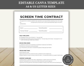 Editable Screen Time Contract, Kids Technology Rules, Family Electronics Policy, Family Tech Agreement, Canva Template, Parenting Contract