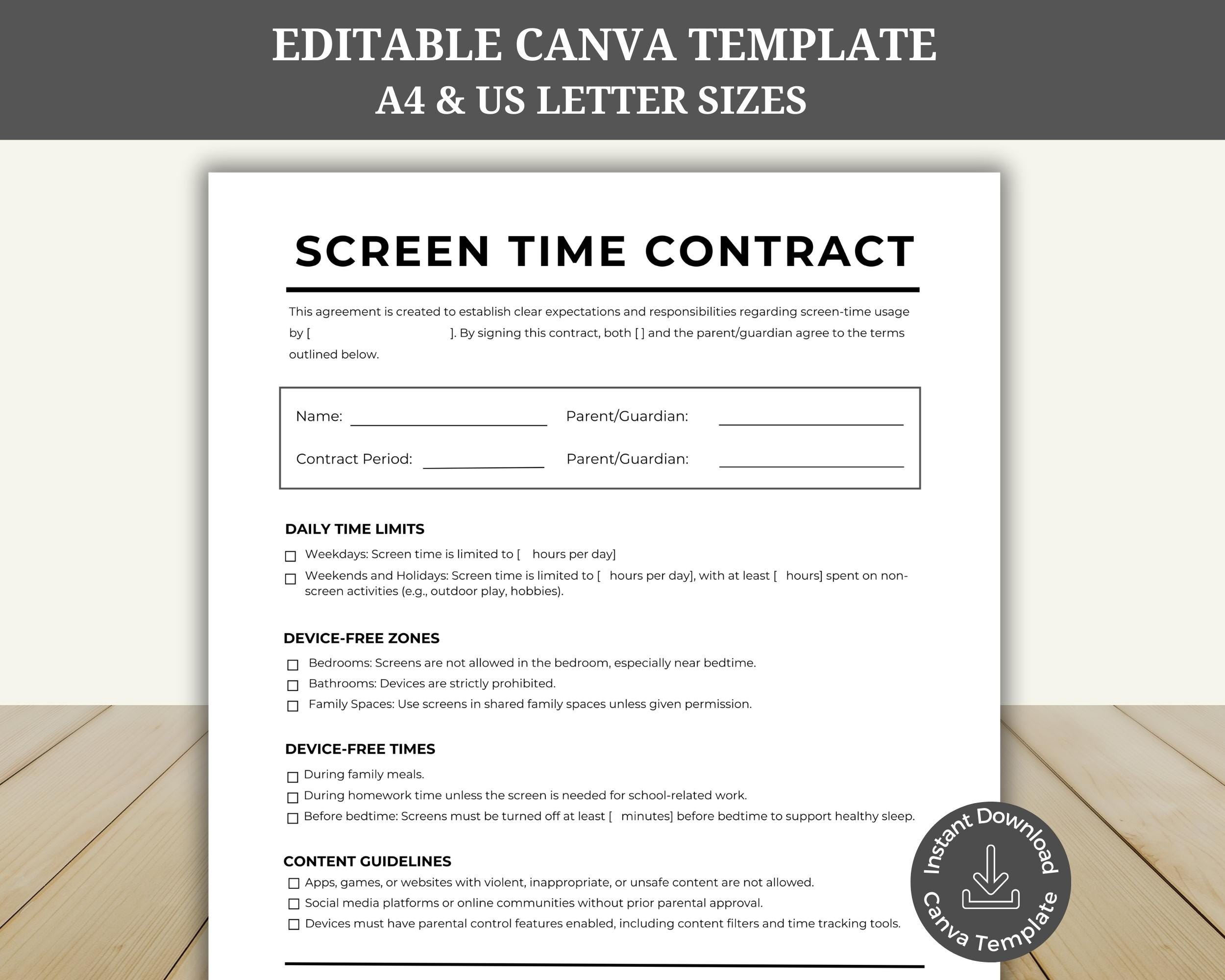 Picture of Editable Screen Time Contract, Kids Technology Rules, Family ...
