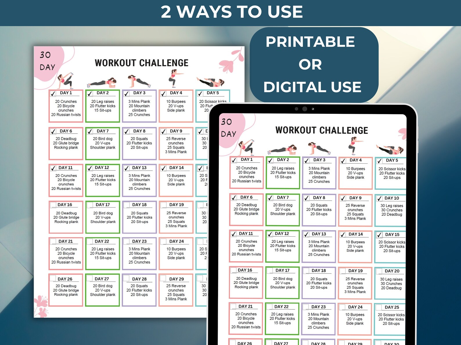 30 Day Workout Challenge Template, Editable PDF Exercise Planner, ABS ...