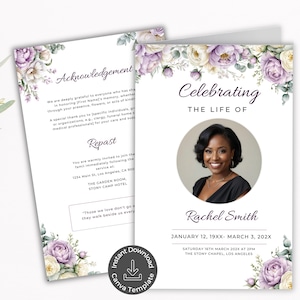 Puede incluir: Una plantilla de programa funerario con fondo blanco y detalles florales en morado y crema. El frente muestra el texto Celebrating The Life Of Rachel Smith, un retrato circular y fechas. El reverso incluye los textos Acknowledgement y Repast.