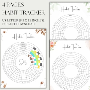 May include: Four printable pages of a habit tracker with a floral design. Each page features a circular grid with a section for listing habits and a calendar grid for tracking progress. The first page includes a list of habits such as "Practice French", "Exercise", "Meditate", "Read", "Walk", and "Declutter".
