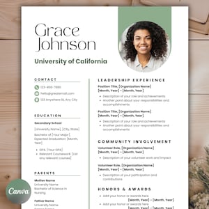 May include: A resume template with a green background and a photo of a woman with curly hair smiling. The resume includes sections for contact information, education, leadership experience, community involvement, and honors and awards. The text on the resume is in black and white.