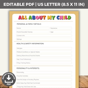 Folha de creche Tudo sobre meu filho, Formulário de creche para impressão, Questionário de informações sobre a criança, Modelo de creche, Sobre mim na pré-escola, PDF preenchível
