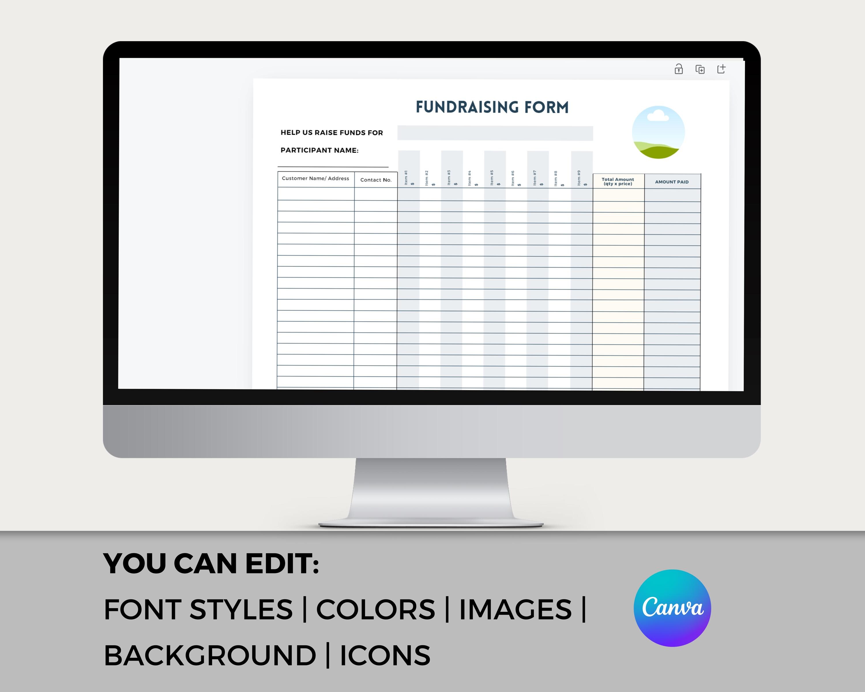 Editable Fundraising Form, Landscape Fundraising Form Template, Edit in ...