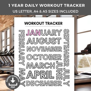 Op de afbeelding: Een afdrukbare workout tracker met een zwart-wit ontwerp. De tracker toont de maanden van het jaar in een verticale kolom, waarbij elke maandnaam in een uniek, gestileerd lettertype is geschreven. De maanden zijn in een cirkelvormige opstelling gerangschikt, met januari bovenaan en december onderaan. De tekst "WORKOUT TRACKER" staat bovenaan de pagina.