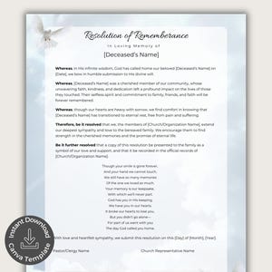 Carta de resolución de funeral, plantilla editable de Canva, poema fúnebre, nota de condolencia, homenaje de la iglesia en honor y recuerdo, servicio conmemorativo