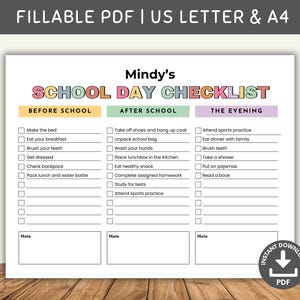 School Day Checklist Fillable PDF, Kids Daily Routine, Responsibility Chart, Before School, After School, Chore Chart, Daily Tasks Tracker
