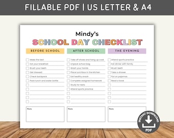 May include: A printable school day checklist titled "Mindy's School Day Checklist" with sections for before school, after school, and the evening. The checklist includes tasks like making the bed, eating breakfast, and brushing teeth. The document is designed to be fillable.