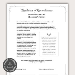 Carta de resolución de funeral editable, Apoyo para servicio conmemorativo de la iglesia, Programa minimalista de homenaje y recuerdo, Plantilla de Canva