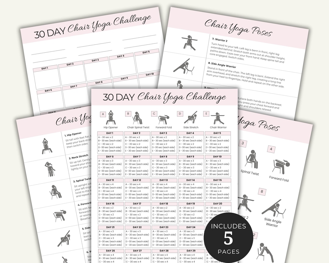Chair Yoga Printable Bundle, 30 Day Challenge With Instruction, Quick ...