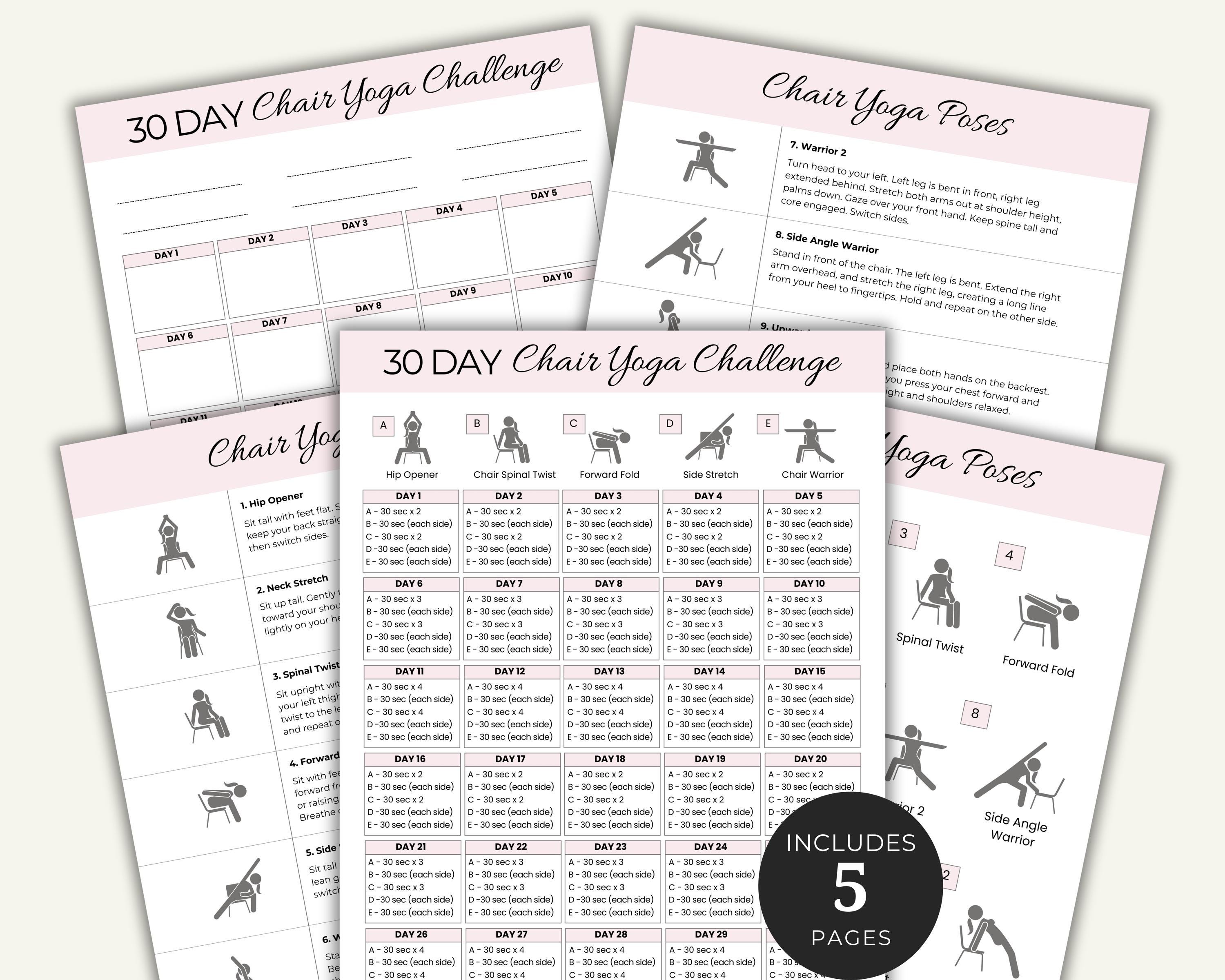 Chair Yoga Printable Bundle, 30 Day Challenge with Instruction, Quick Office Workout, Sitting Workout, Chair Exercises Guide, Seated Fitness