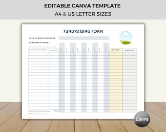 Editable Fundraising Form, Landscape Raising Fund, Canva Template, Charity Event Log, Fundraiser Order Tracking, Donation List, Customizable