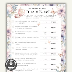 Tea Party Etiquette Game Printable, Tea Party Activities, Kids Tea Party Quiz, Tea Party Bridal Shower, Birthday Game, Sunday School Game