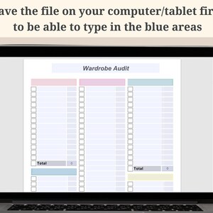 May include: A digital printable wardrobe audit checklist with sections for tops, bottoms, dresses, shoes, and accessories. The checklist has a total section for each category. The document is displayed on a laptop screen.