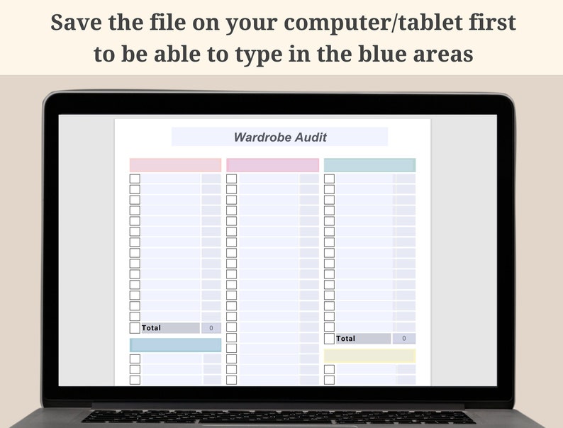 May include: A digital printable wardrobe audit checklist with sections for tops, bottoms, dresses, shoes, and accessories. The checklist has a total section for each category. The document is displayed on a laptop screen.