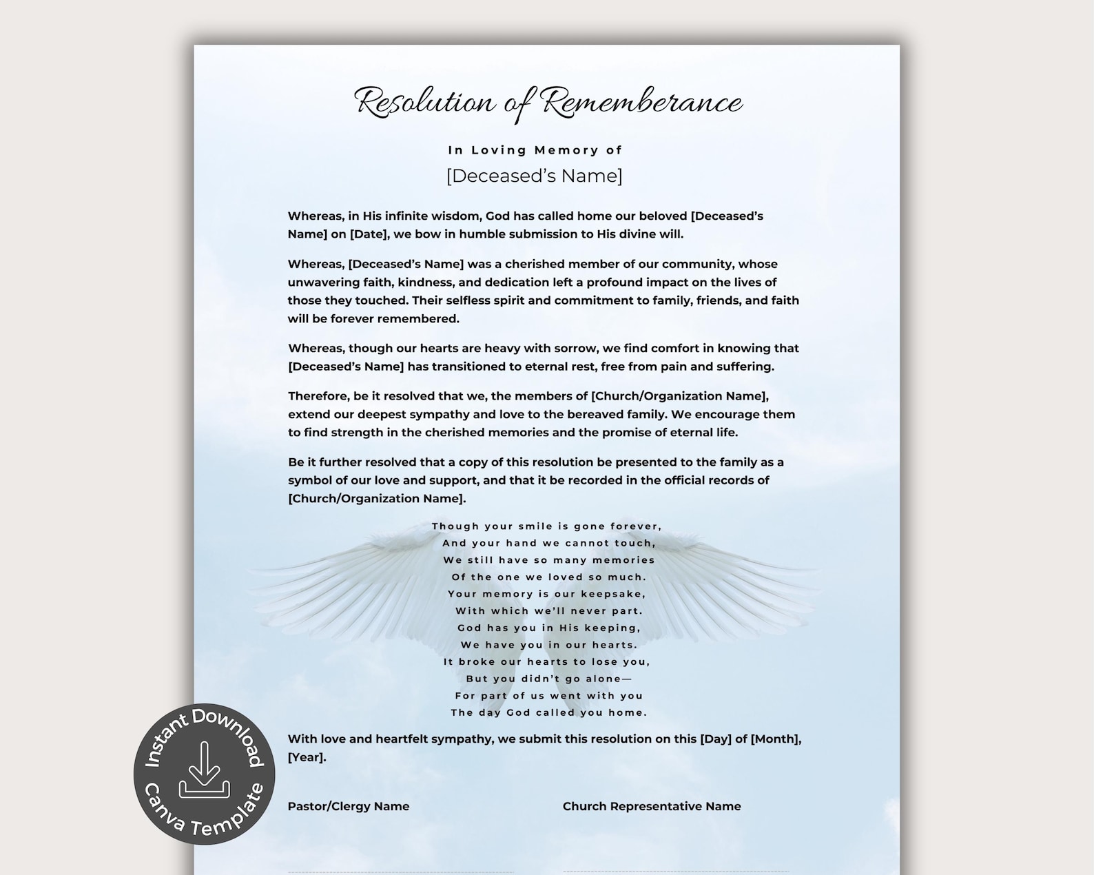 Funeral Resolution Template.pdf Funeral Resolution for a Pastor, Editable Canva Template, Memorial ...