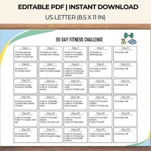30 Day Fitness Challenge Printable, Home Workout Planner Editable PDF Workout Plan daily Fitness Guide, Workout Challenge, Exercise Calendar