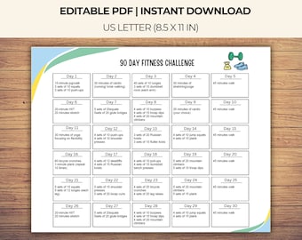 30 Day Fitness Challenge Printable, Home Workout Planner Editable PDF Workout Plan daily Fitness Guide, Workout Challenge, Exercise Calendar