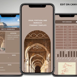 Modello di itinerario di viaggio per dispositivi mobili, modificabile su Canva, pianificatore con collegamento ipertestuale, pianificatore di viaggio digitale modificabile, itinerario di viaggio predefinito in Marocco