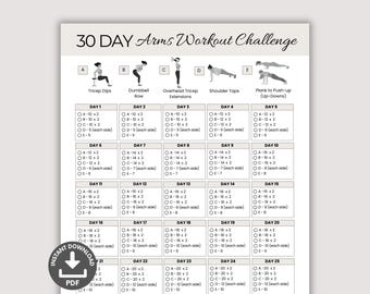 Pode incluir: Um gráfico de desafio de treino de braços de 30 dias com cinco exercícios: dips de tríceps, remada com halteres, extensões de tríceps acima da cabeça, toques de ombro e prancha para flexões. Cada dia lista o número de repetições e séries para cada exercício.