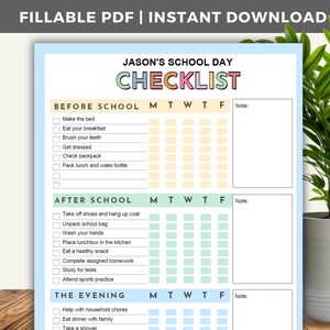 School Day Checklist Printable Fillable PDF, Kids Daily Routine Chart, Responsibility Chart, Before School, After School, Daily Task Tracker