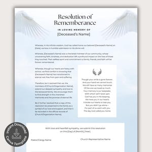 Carta de resolución de funeral, plantilla editable de Canva, poema fúnebre, nota de condolencia, homenaje de la iglesia en honor y recuerdo, servicio conmemorativo