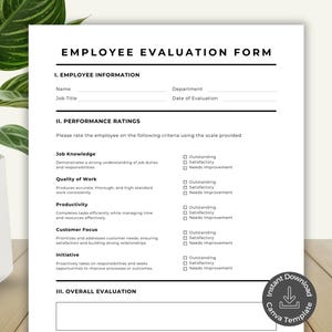 Editable Employee Evaluation Form, Annual Performance Review HR Template, Performance Improvement Plan, Canva Template, Human Resources Form