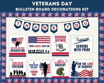 May include: Veterans Day bulletin board decorations kit with red, white, and blue color scheme. The kit includes posters with text such as "Thank You", "Courage Defined", "Serving with Pride", "Grateful Nation", "For the Love of Country", and "Proud to Celebrate Your Bravery".