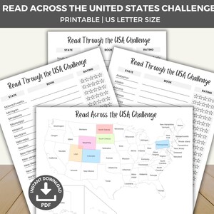 May include: Printable "Read Across the USA Challenge" tracker with a map of the United States, a list of states, and a section for book titles and ratings. The map is colour-coded by region.