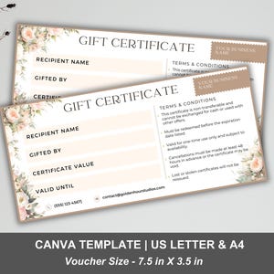 Modèle de chèque-cadeau, carte-cadeau beauté, chèque-cadeau floral pivoine pour esthéticienne, technique de manucure pour salon de coiffure massage cils, édition Canva