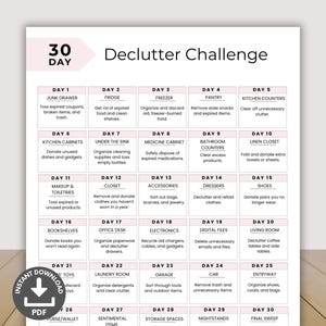 30 dagen opruimuitdaging Afdrukbaar, checklist voor de organisatie van het huis, checklist opruimen, digitale opruimingsgids, voorjaarsschoonmaakgids Schoon huis