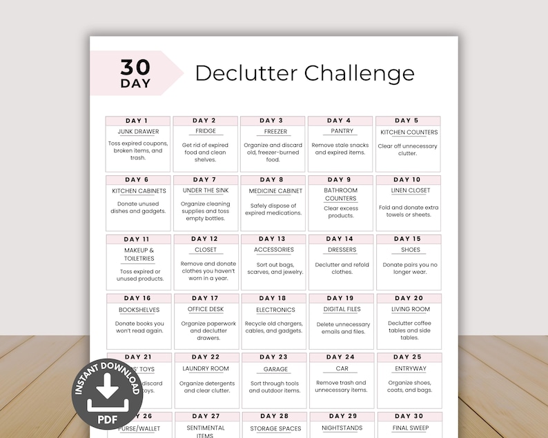 30 Day Declutter Challenge Printable, Home Organization Checklist ...